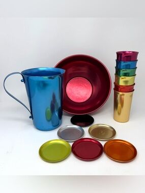 SUNBURST Vintage Colored Aluminum Set Pitcher Cups Coasters Bowl assorted colors